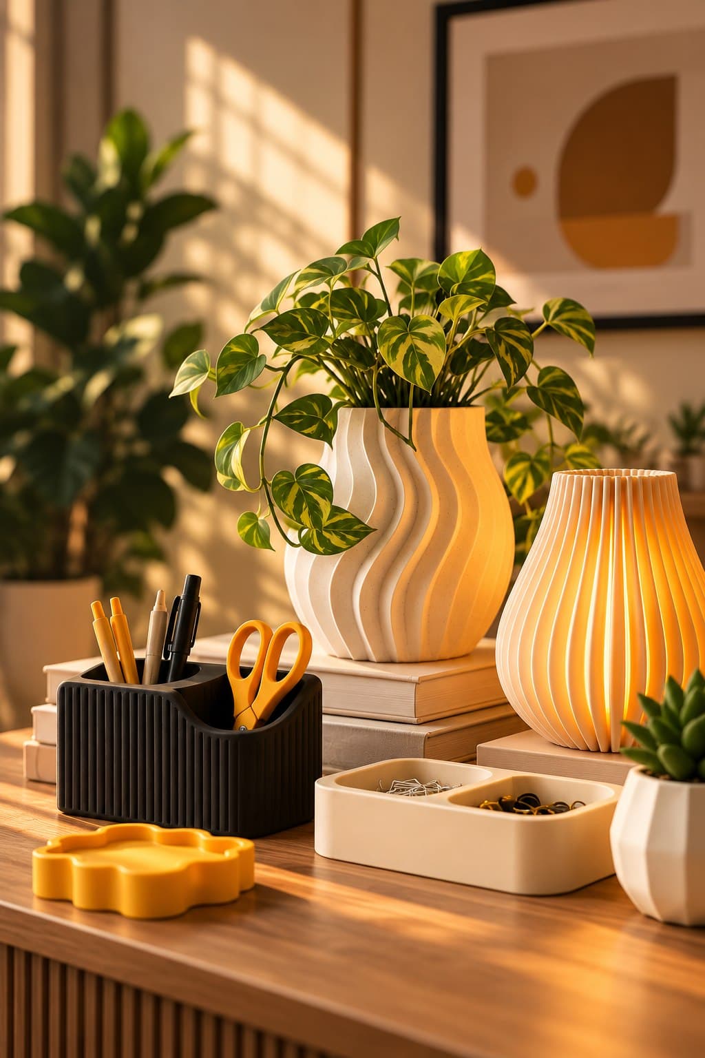 Vaso, luminária e organizadores Nooli impressos em 3D sobre a mesa